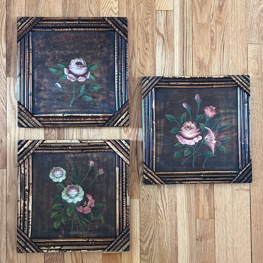 3 Floral Tole Paintings on Wood- Twig Frames